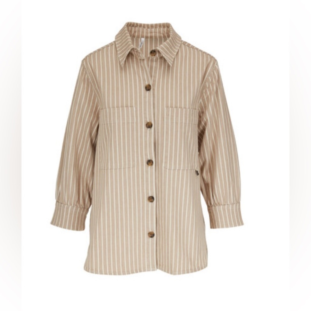 Bogner Tan and White Striped Button Down Shirt